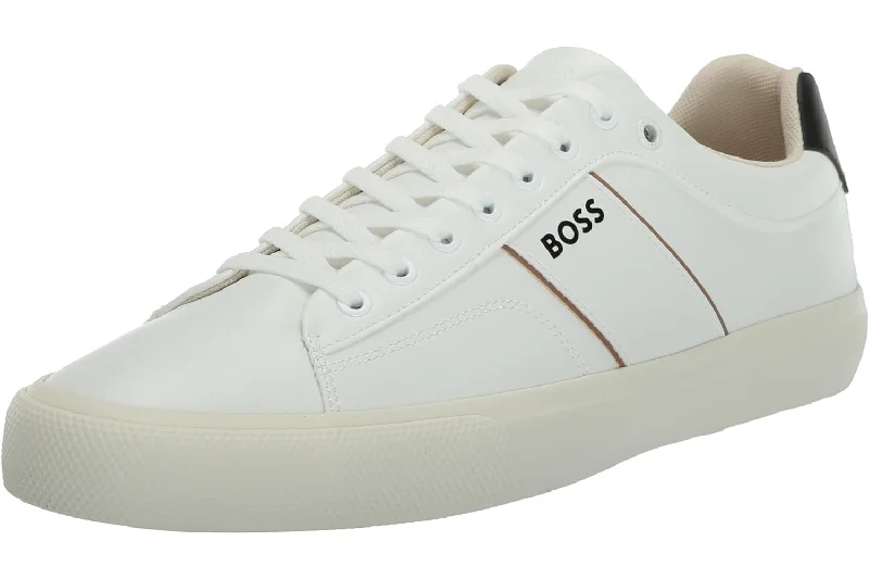 Hugo Boss Men's Aiden Logo Block Leather Low Top Sneaker, Black Pepper/White Salt