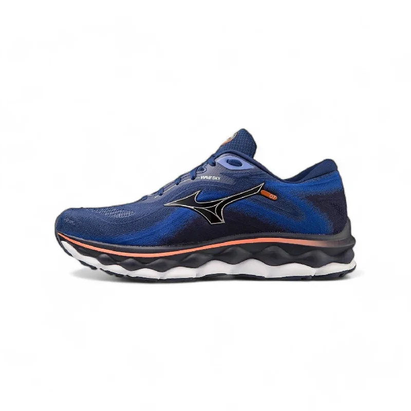 Men's Wave Sky 7 Running Shoes In Blue Depths/silver/neon Flame