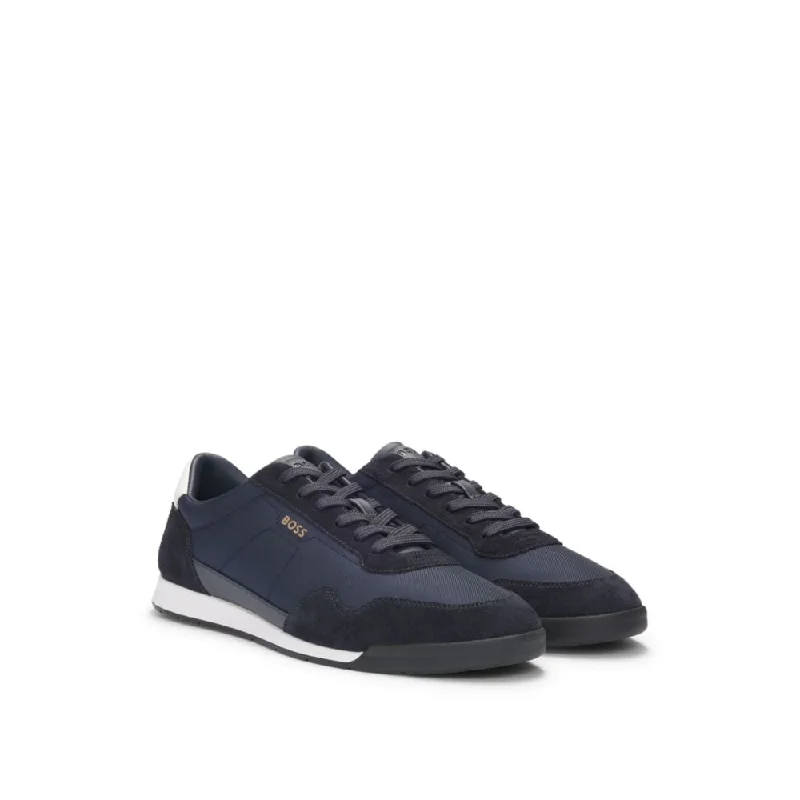 Mixed-material lace-up trainers with suede trims